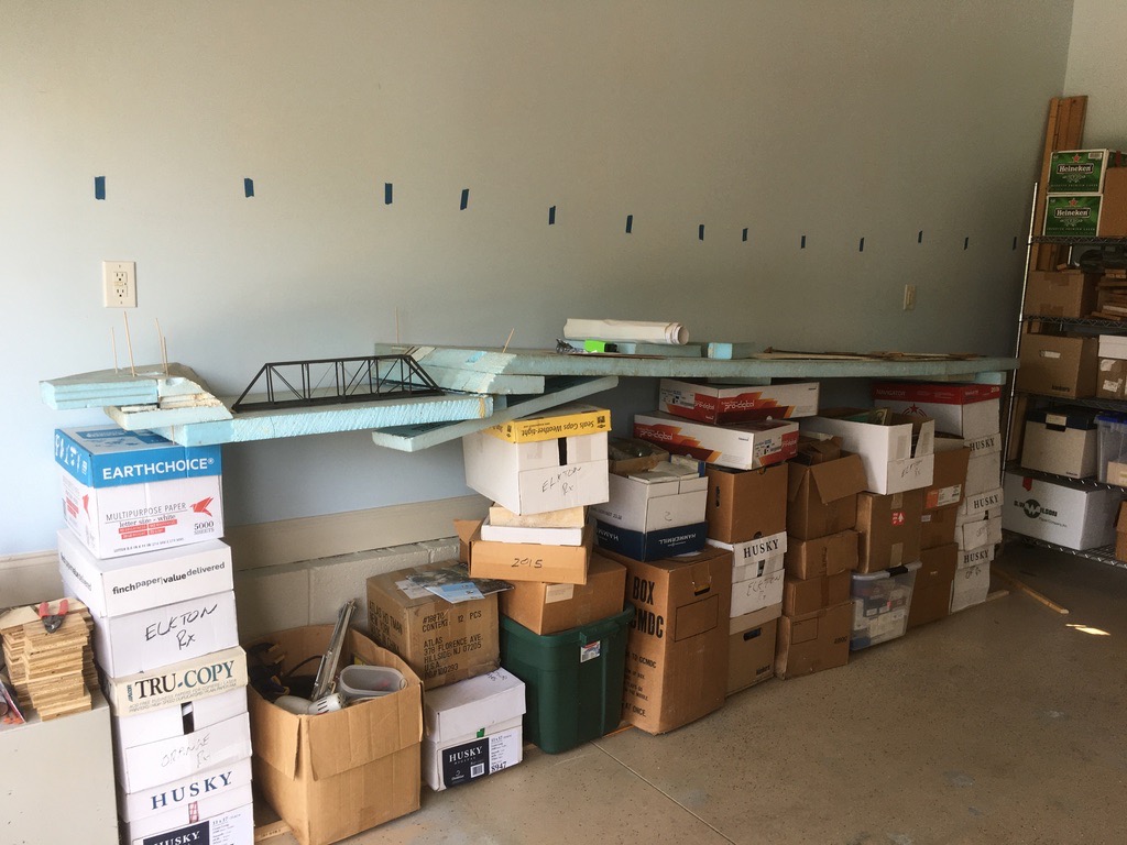 Garage pre-benchwork. Boxes hold railroad supplies.